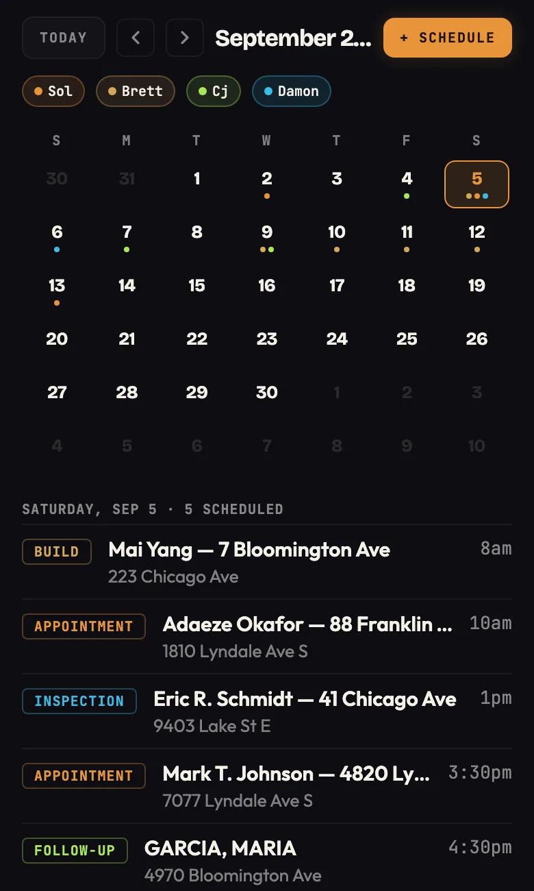 The calendar on a phone: the month with jobs marked, the team filter, and the day's builds, appointments and follow-ups