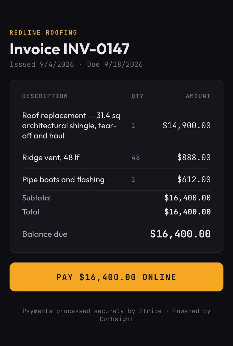 The homeowner's invoice page on a phone: the lines, the balance due, and a Pay online button